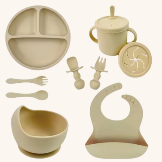 Set repas pour bébé en silicone - 9 pièces - Beige