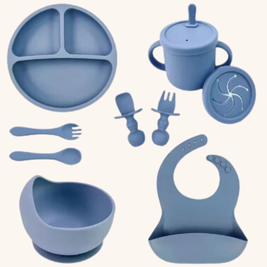 Set repas pour bébé en silicone - 9 pièces - Bleu