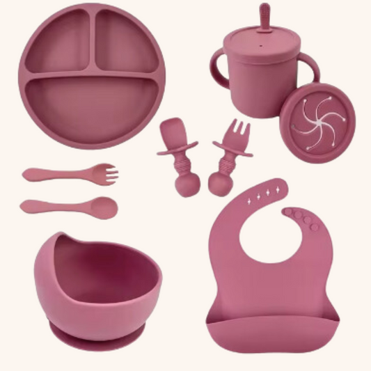 Set repas pour bébé en silicone - 9 pièces - Rose